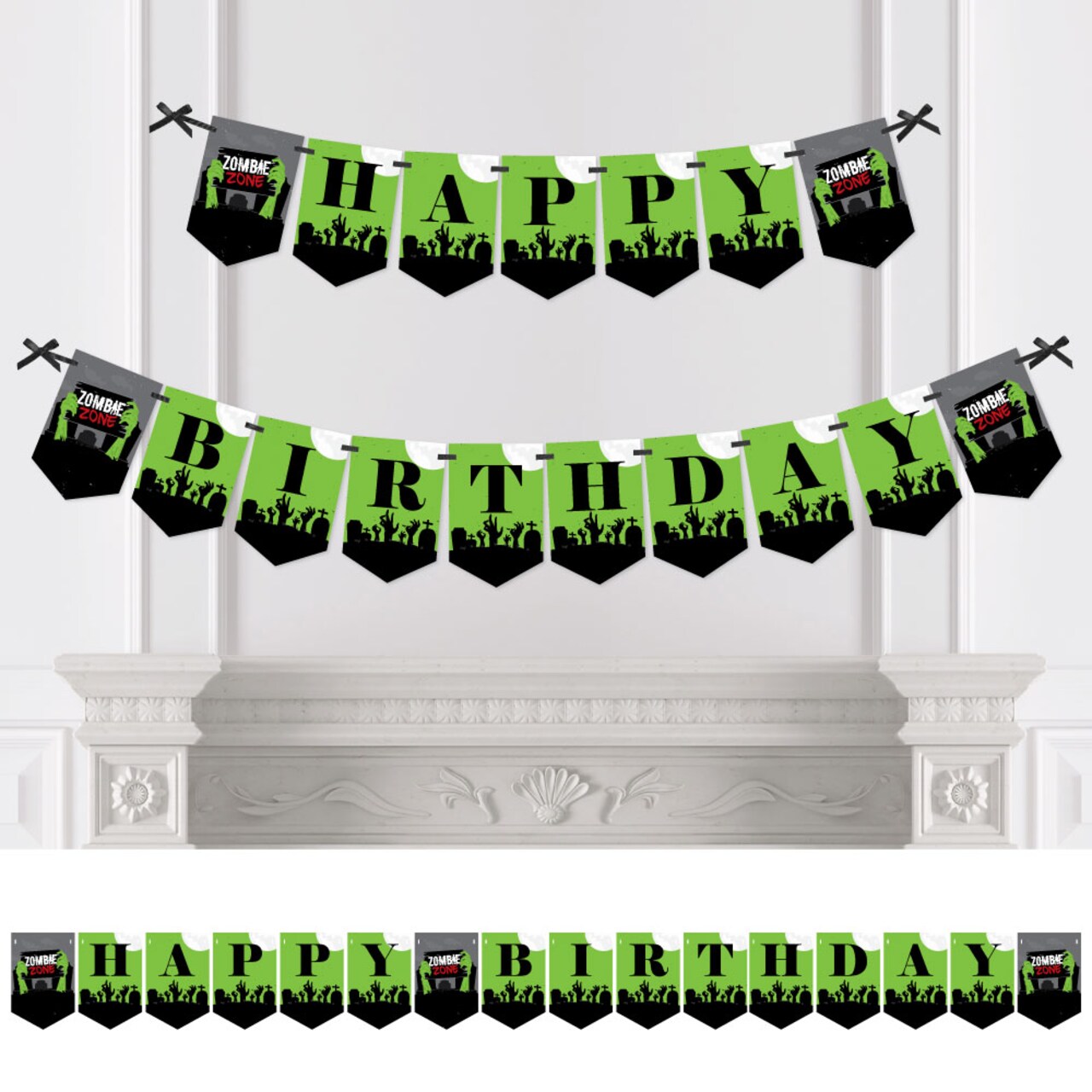 Big Dot of Happiness Zombie Zone - Birthday Zombie Crawl Party Bunting Banner - Birthday Party Decorations - Happy Birthday